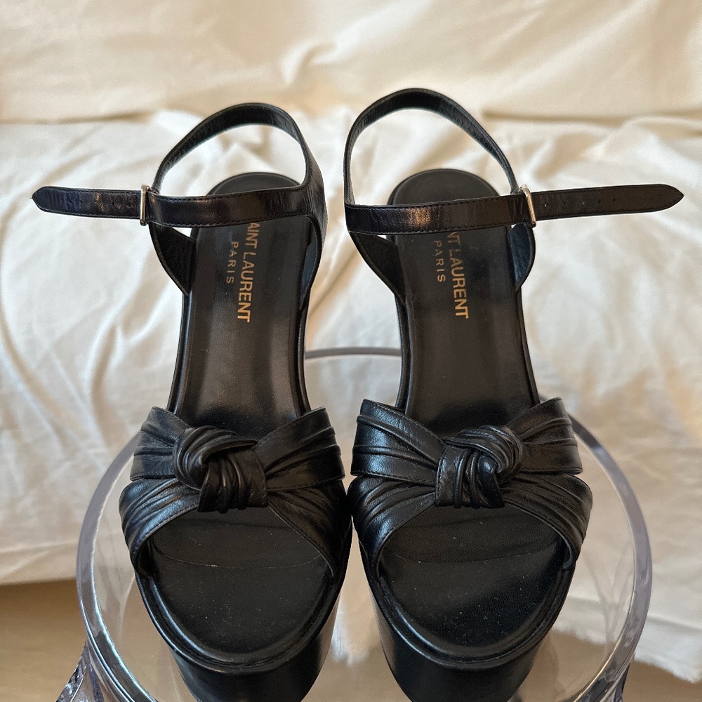 Saint Laurent Black leather candy knotted Wedge platform sandals